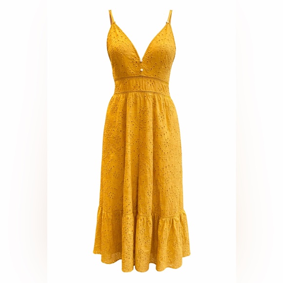 Simplee Apparel Dresses & Skirts - Mustard Eyelet Midi Dress Womens Sundress Boho Summer Adjustable Strap Size S